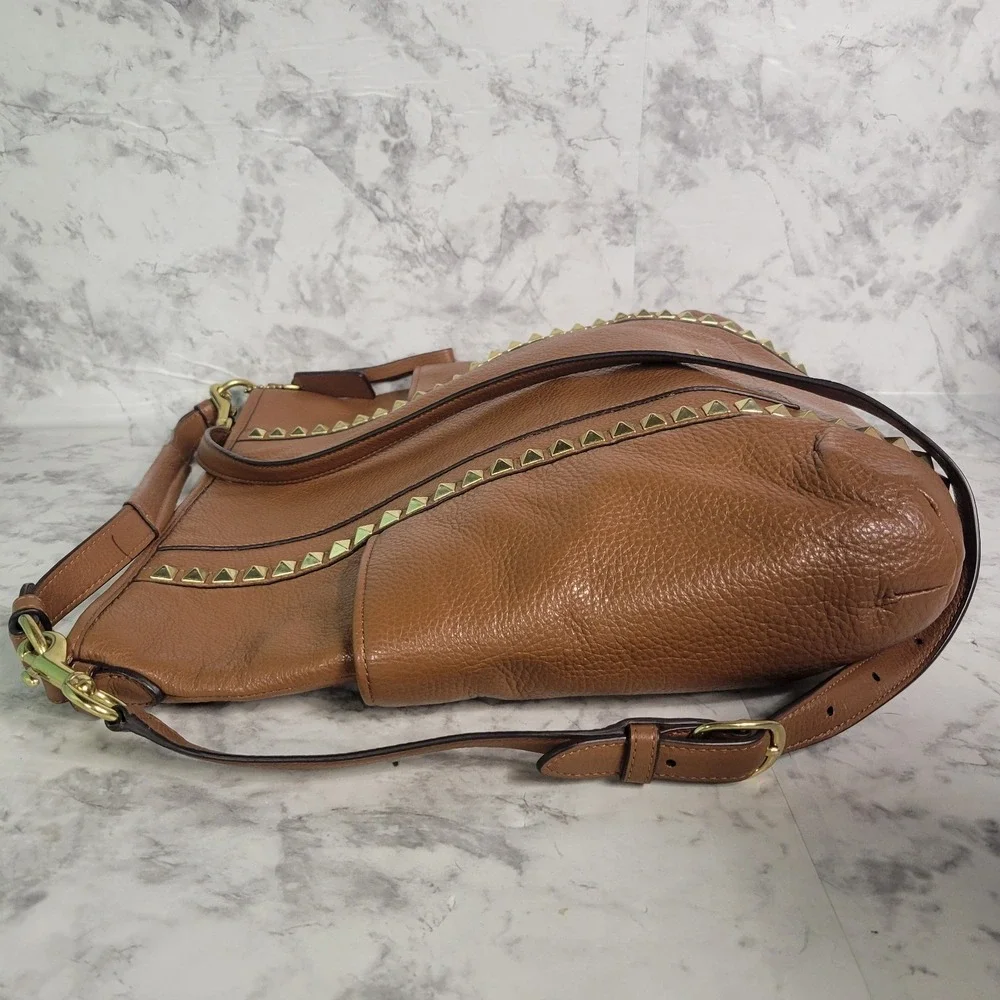 Coach Studded Pebbled Leather Shoulder Bag Saddle Brown Gold Hardware Crossbody